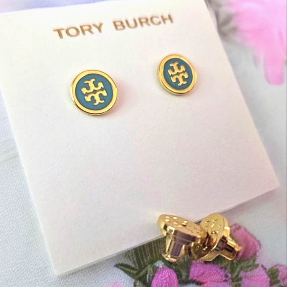 Tory Burch Tiffany Blue Lacquered Logo Studs - Picture 4 of 6
